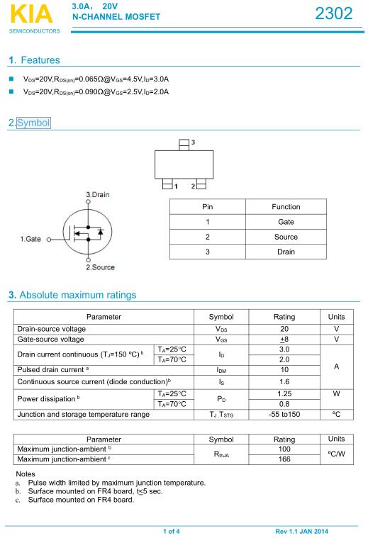 mos管KIA2302 3.0A/20V原廠供貨及PDF產(chǎn)品詳細資料-KIA MOS管