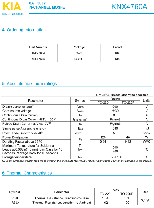 MOS管,KNX4760A,8A/600V