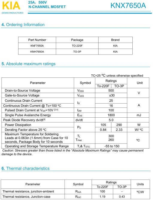 MOS管,KNX7650A替代FQA24N50,25A/500V