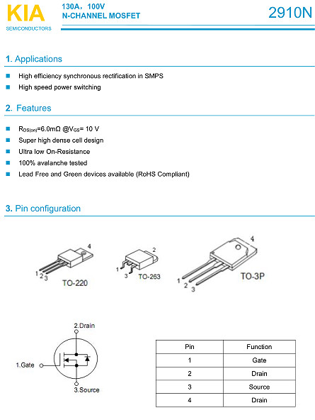 應(yīng)急電源 IRF4110替代MOS管型號KNB2910A 現(xiàn)貨原廠供應(yīng)-KIA MOS管