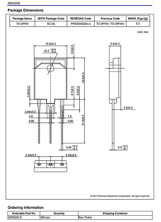 瑞薩2SK2225參數(shù)1500V2A